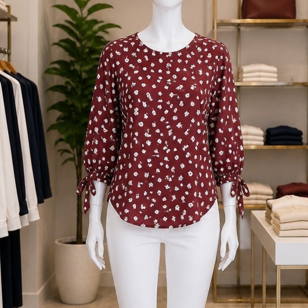 Papermoon Women Blouse Maroon Floral Tie Sleeve Back Zipper Large